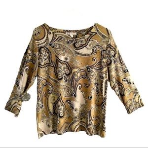 JM Collection-Basic Warm Neutral Colored Paisley 3/4 Sleeve Blouse/Top Petite PL